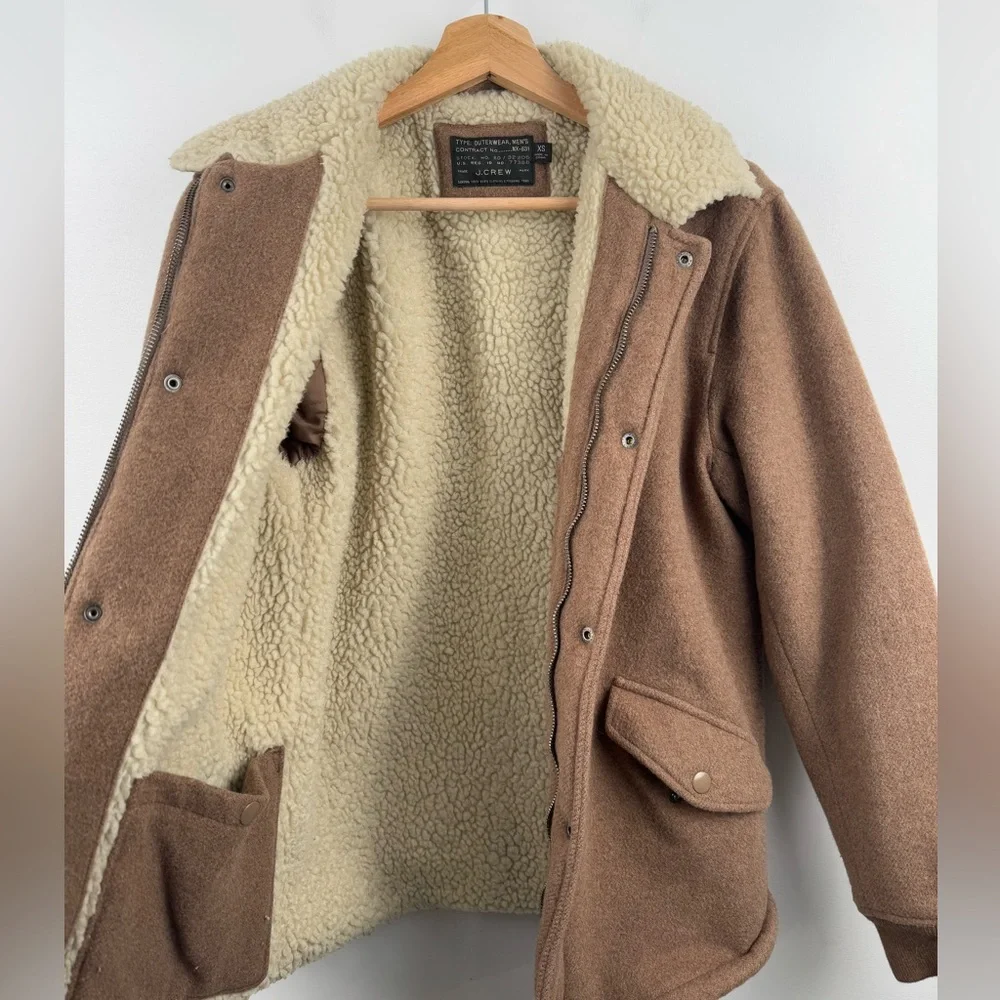 J.Crew Men Sherpa‎ Lined Wool Blend Varsity Jacket Camel Brown Size XS